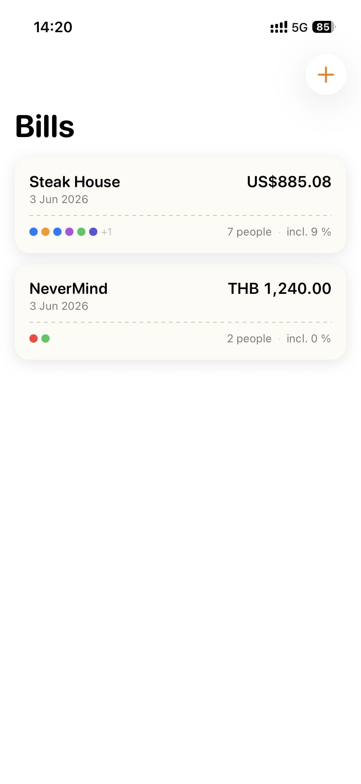 Bills overview list with multiple bills and currencies